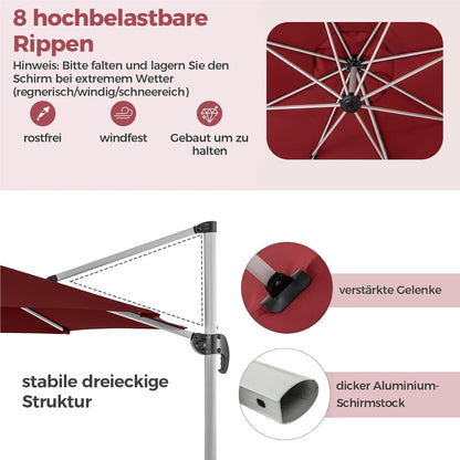 Zonneparasol – Tuinparasol – Terrasparasol – Marktparasol – Schaduwparasol – Ø 330 cm – 360° Draaibaar Met Knikarm – UPF 50+ Bescherming – Rood
