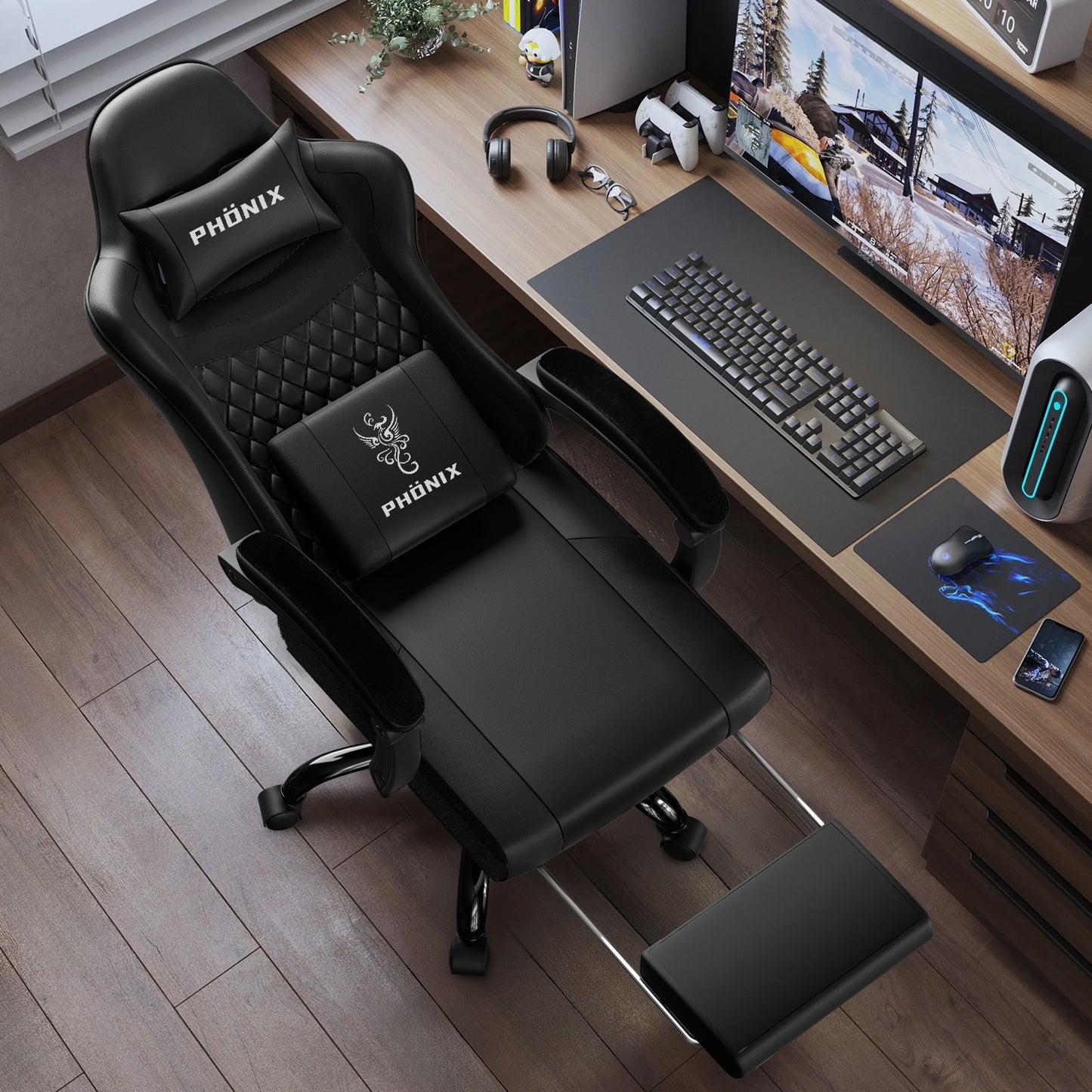 Gaming Chair with Footrest, Ergonomic Gaming Chair, Gaming Armchair with Adjustable Lumbar Cushion Equipped with An Adjustable Lumbar Support And Headrest, 360° Swivel And Designed for A Weight Of Up to 150kg.