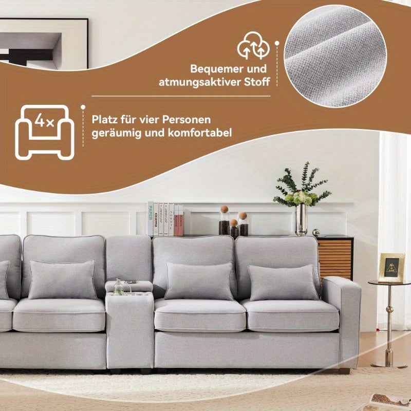 Bankstel – Hoekbank – 4-zitsbank – Slaapbank – Zitbank – Linnen Stoffering – Ingebouwde Console Met 2 Bekerhouders – Armleuning Met Opbergvakken – 4 Comfortabele Kussens – Duurzaam Gemengde Kleuren – Modern Minimalistisch Design