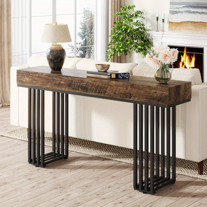 Consoletafel – Haltafel – Entreetafel – Foyertafel – Gangtafel – Modern Metaal Frame – Bruine Houtstructuur – Compact 80 cm Diameter