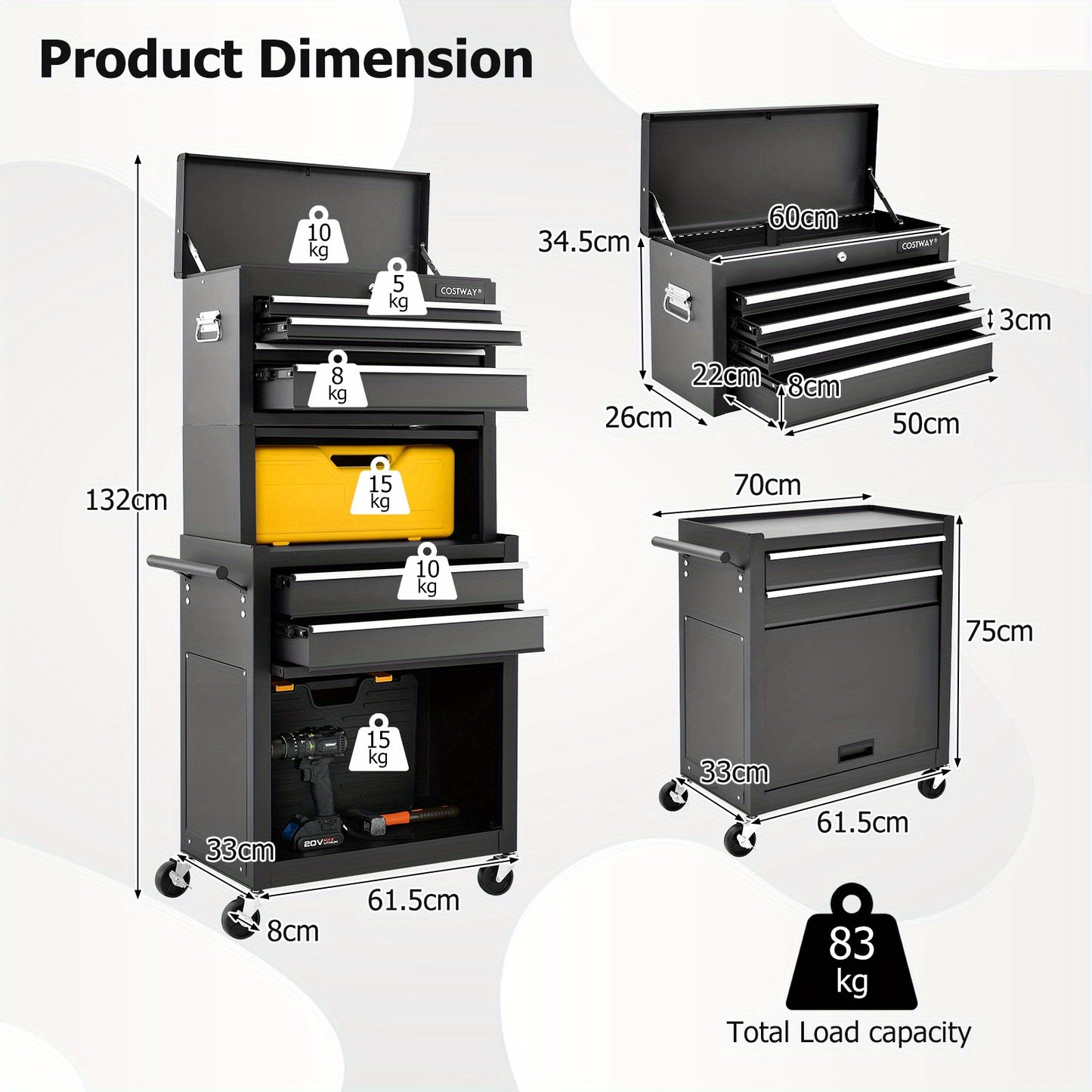 Werkplaatswagen – Gereedschapswagen – Atelierwagen – Werkbank – Gereedschapskast – 9 Compartimenten & Haken – Vergrendelbaar & Mobiel 61,5x33x132 cm