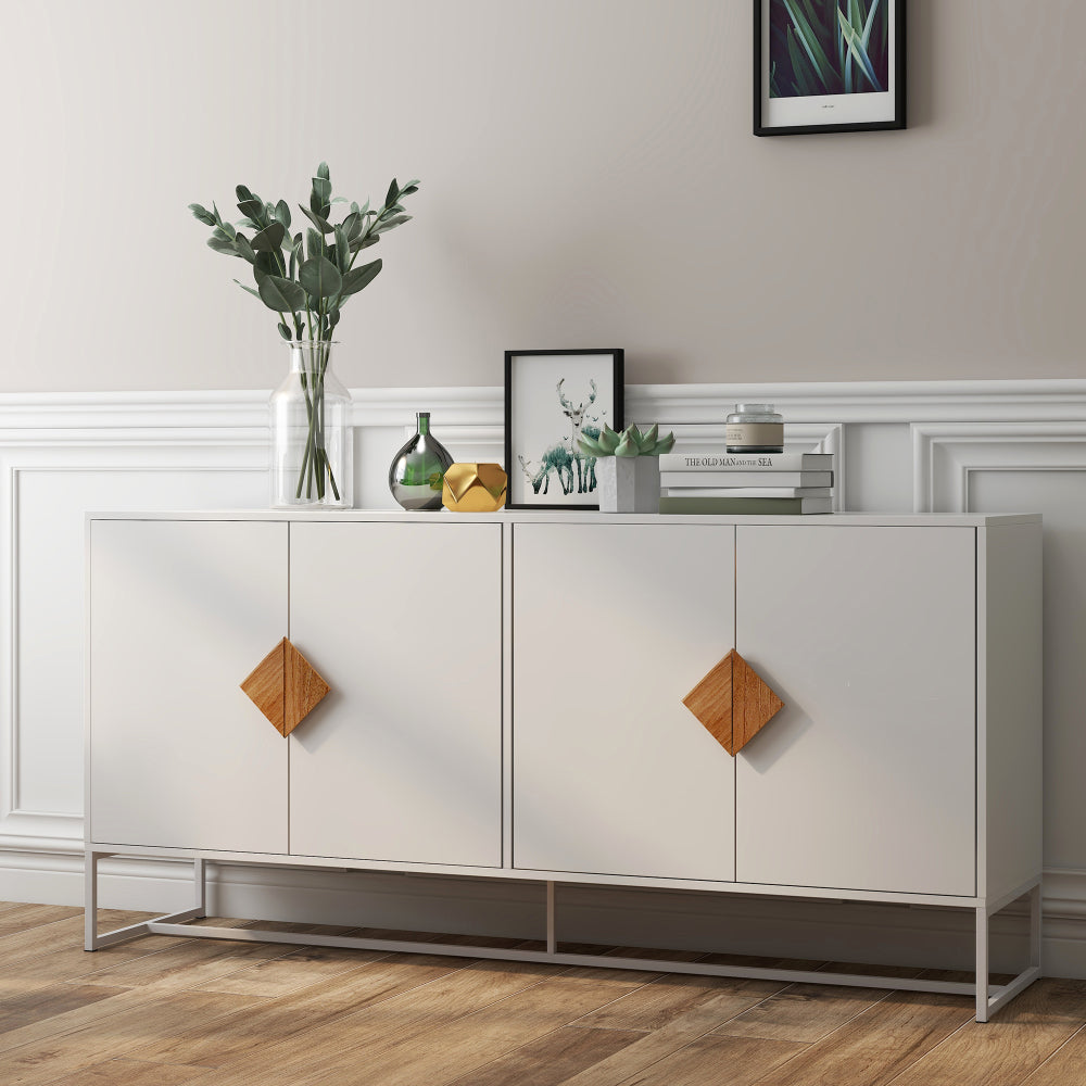 Dressoir – Kast – Opbergkast – Sideboard – Buffetkast – Modern Wit 4-Deurs – MDF Met UV-Laag – Ruime Opbergruimte Met Vierkante Handgrepen