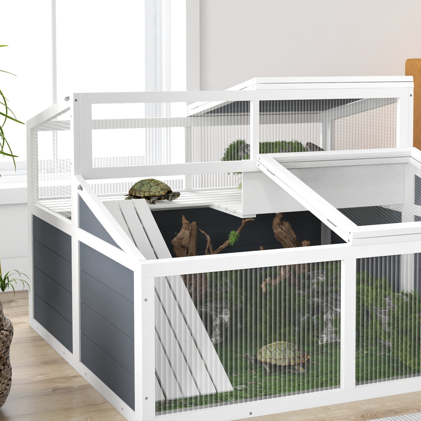 Turtle Huis – Schildpadden Verblijf – Terrarium – Buitenren – Houten Kweekverblijf – Dubbele Verdieping – 3 Deuren en Toegangsluis – 115x115x82 cm Grijs