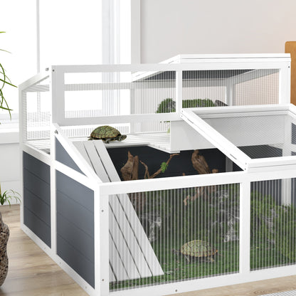 Turtle Huis – Schildpadden Verblijf – Terrarium – Buitenren – Houten Kweekverblijf – Dubbele Verdieping – 3 Deuren en Toegangsluis – 115x115x82 cm Grijs