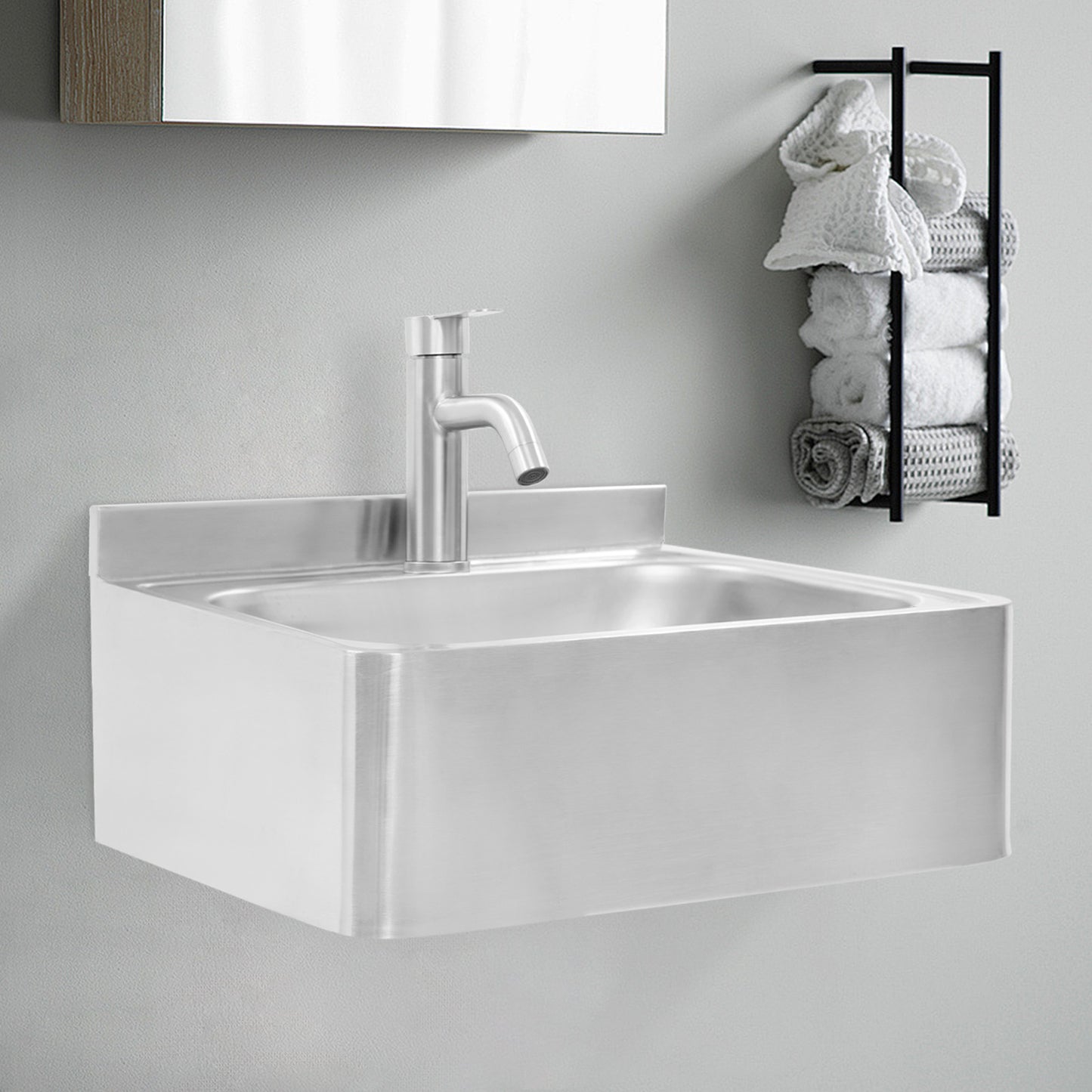Heavy-Duty 304 Stainless Steel Wall-Mounted Sink with Faucet - Large Capacity Deep Basin (42.93x28.96x12.95cm), 180° Rotatable Hot/Cold Water Tap, Space-Saving Design for RV,, Bar, Boat - Commercial/Residential Use (Drainpip