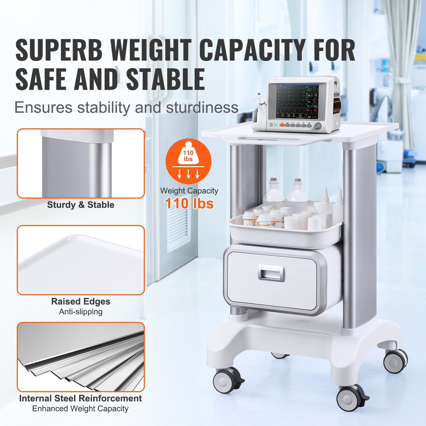Medische Trolley – Behandelwagen – Lab Trolley – Opbergwagen – Verrijdbare Wagen – Hoogwaardig ABS Materiaal – 2 Niveaus Met Lade – 4 Stille Wielen – Wit