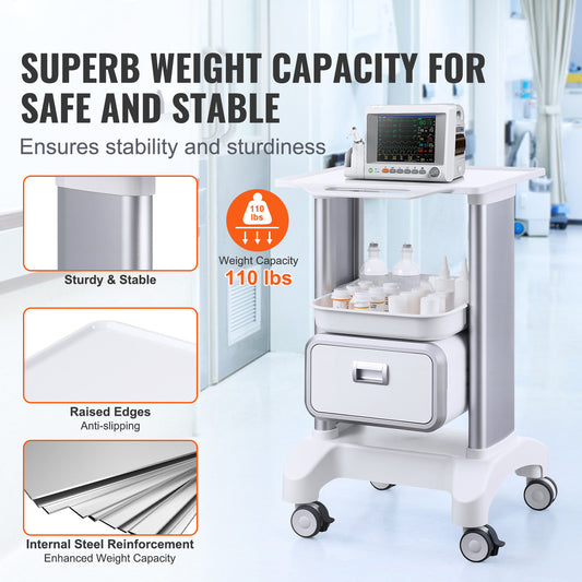 Medische Trolley – Behandelwagen – Lab Trolley – Opbergwagen – Verrijdbare Wagen – Hoogwaardig ABS Materiaal – 2 Niveaus Met Lade – 4 Stille Wielen – Wit