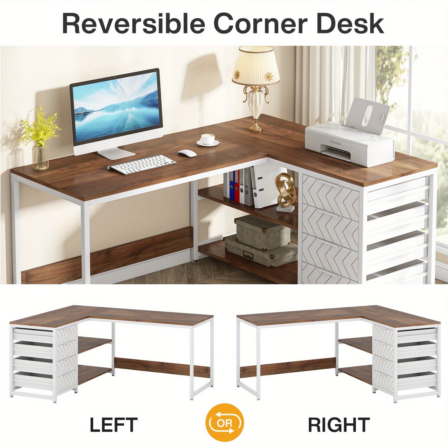 Hoekbureau – Bureau – Computertafel – Werkplek – Schrijftafel – L-vormig en omkeerbaar ontwerp – Stevig MDF met walnoot & wit