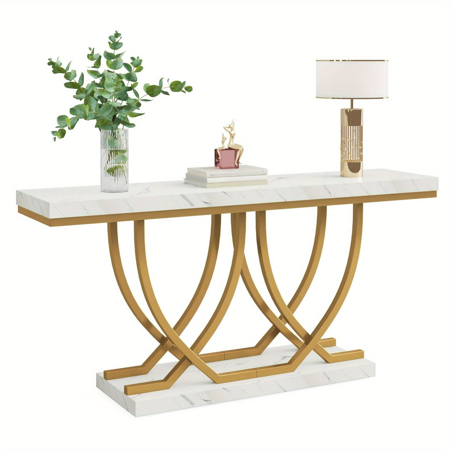 Moderne Sidetable – Console Tafel – Sofa Tafel – Haltafel – Wandtafel – Wit met Gouden Kunstmarmer – Slank 59 Inch