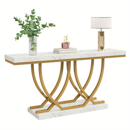 Moderne Sidetable – Console Tafel – Sofa Tafel – Haltafel – Wandtafel – Wit met Gouden Kunstmarmer – Slank 59 Inch
