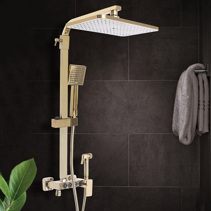 Douche Systeem – Douche Set – Regendouche – Handdouche – Wastafelkraan – Gouden Afwerking – Massief Messing – Verstelbare Handdoucherail 80-120 cm