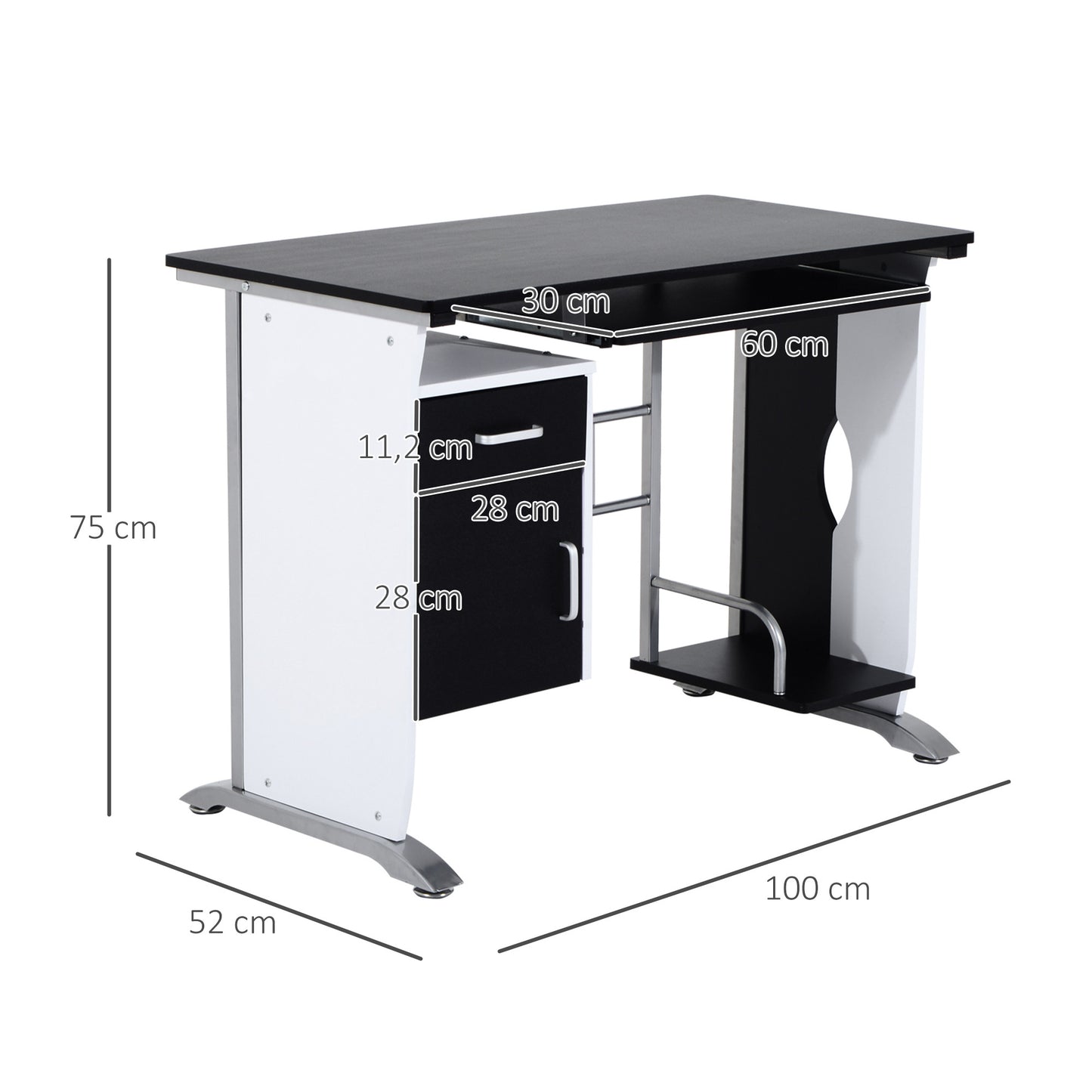 Computertafel – Bureau – Werkplek – Laptoptafel – Office Desk – MDF Materiaal – Compact 100x52x75 cm – Zwart-Wit Design