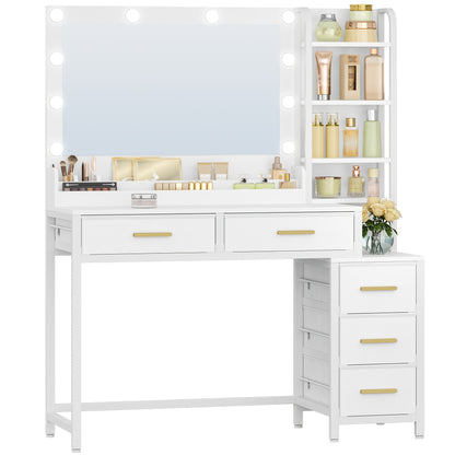 Kaptafel – Make-up Tafel – Dressing Table – Vanity Table – Toilet Tafel – Wit – Grote Spiegel – 5 Lades & 5 Open Vakken – Compact & Functioneel – 40x110x141 cm