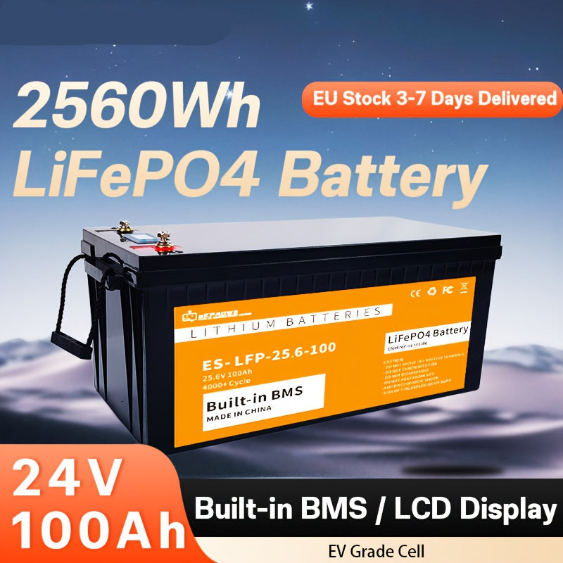 LiFePO4 Accu – Lithium Batterij – Lithium Accu – Lithium Ijzerfosfaat Accu – 24V 100Ah – 2560Wh Capaciteit – Ingebouwd 100A BMS & LCD Display