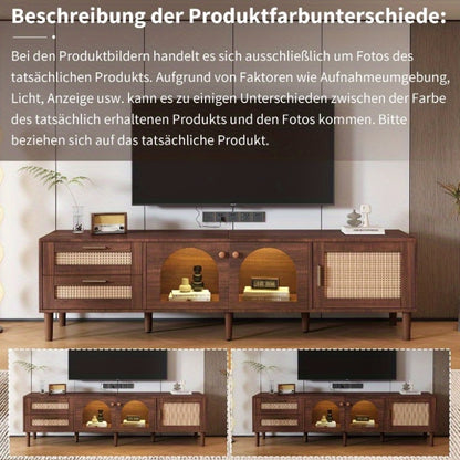 180cm TV Meubel – Tv Stand Living Room – Meubel Tv Met Rattan Lades – Tv Kast Met Glasdeuren – Entertainment Center – Metaal Frame – Stijlvol Design
