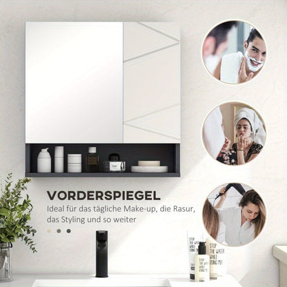 Badkamer Spiegelkast – Spiegelkast Met Opbergruimte – Wandkast Badkamer – Spiegelkast Met Plank – Anti Condens Spiegel – Grijs – 55x17x55 cm – Modern Ruimtebesparend Design