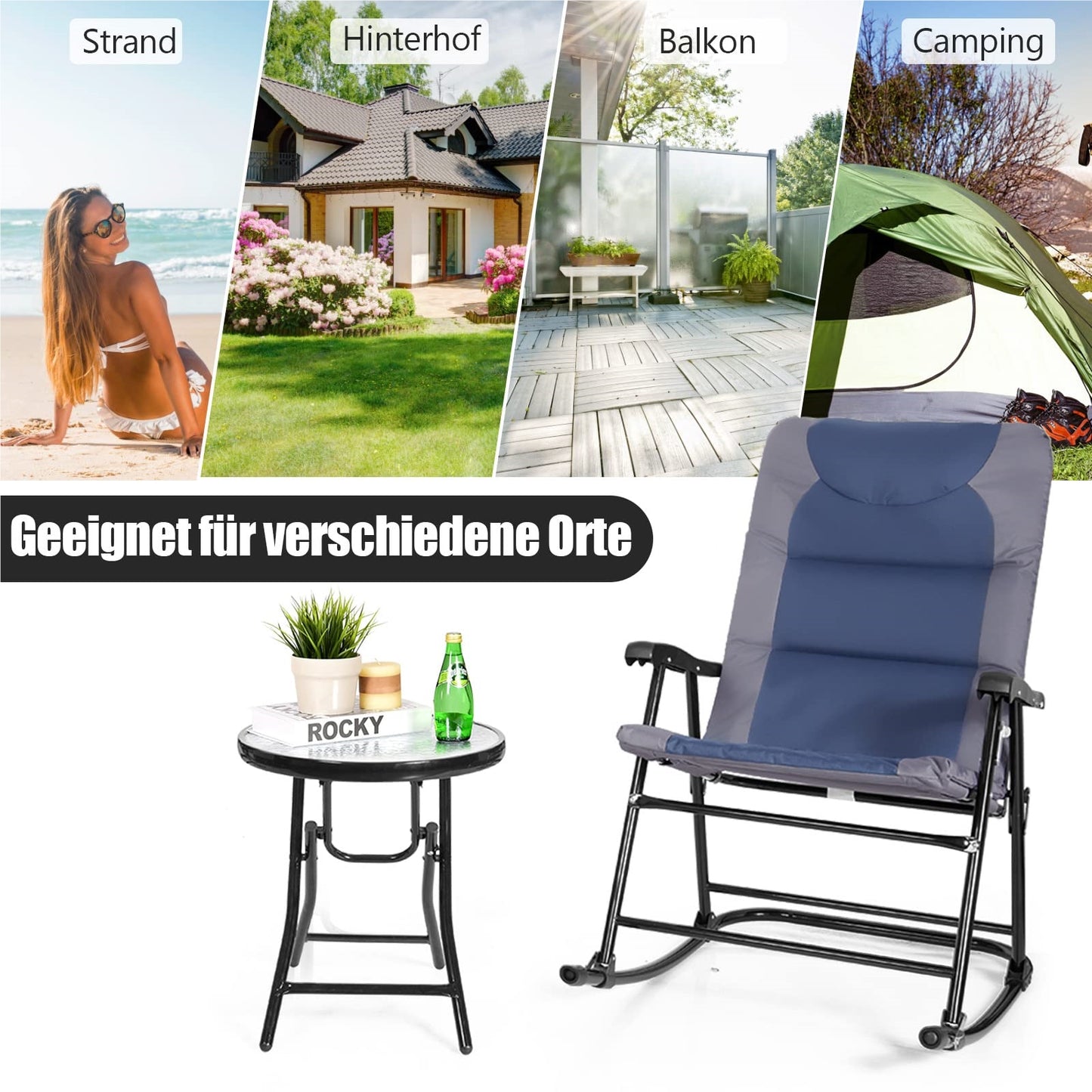 Tuinstoel – Schommelstoel – Loungestoel – Bistrostoel – Relaxstoel – 3-delige Set – Inklapbaar – Stalen Frame – Blauw