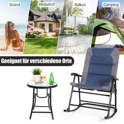 Tuinstoel – Schommelstoel – Loungestoel – Bistrostoel – Relaxstoel – 3-delige Set – Inklapbaar – Stalen Frame – Blauw