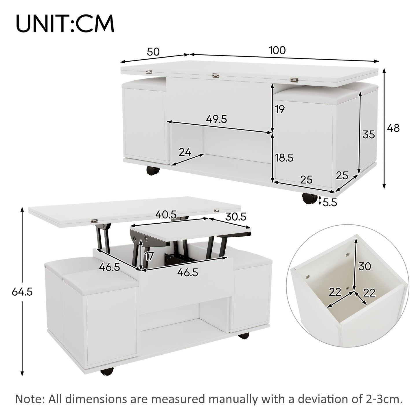 Salontafel – Woonkamertafel – Koffietafel – Bijzettafel – Tafel Met Opbergruimte – Modern Wit – Verstelbaar Blad – Lift-Top Mechanisme – Met 4 Krukken – Duurzame Metalen Constructie