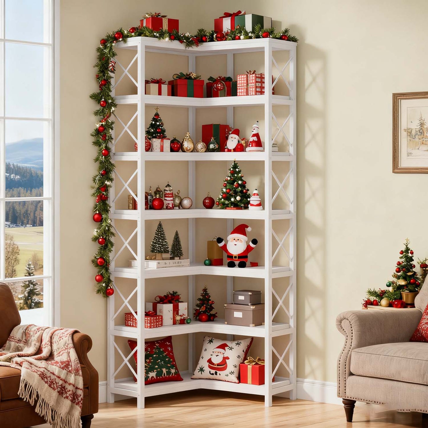Tall 7 Tier Corner Bookcase with Sturdy Metal Frame, Large Industrial Style Corner Bookshelf and Display Storage Rack for Living Room or Home Office, Clean White Finish