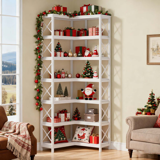 Tall 7 Tier Corner Bookcase with Sturdy Metal Frame, Large Industrial Style Corner Bookshelf and Display Storage Rack for Living Room or Home Office, Clean White Finish