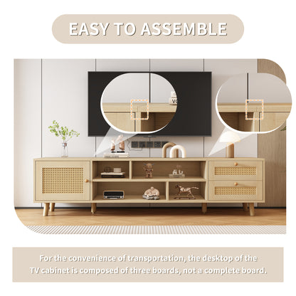 TV Lowboard – TV Meubel – TV Kast – TV Dressoir – TV Cabinet – Houtlook & Rattan – Geschikt Voor 70 Inch – Verstelbare Poten & Kabelbeheer