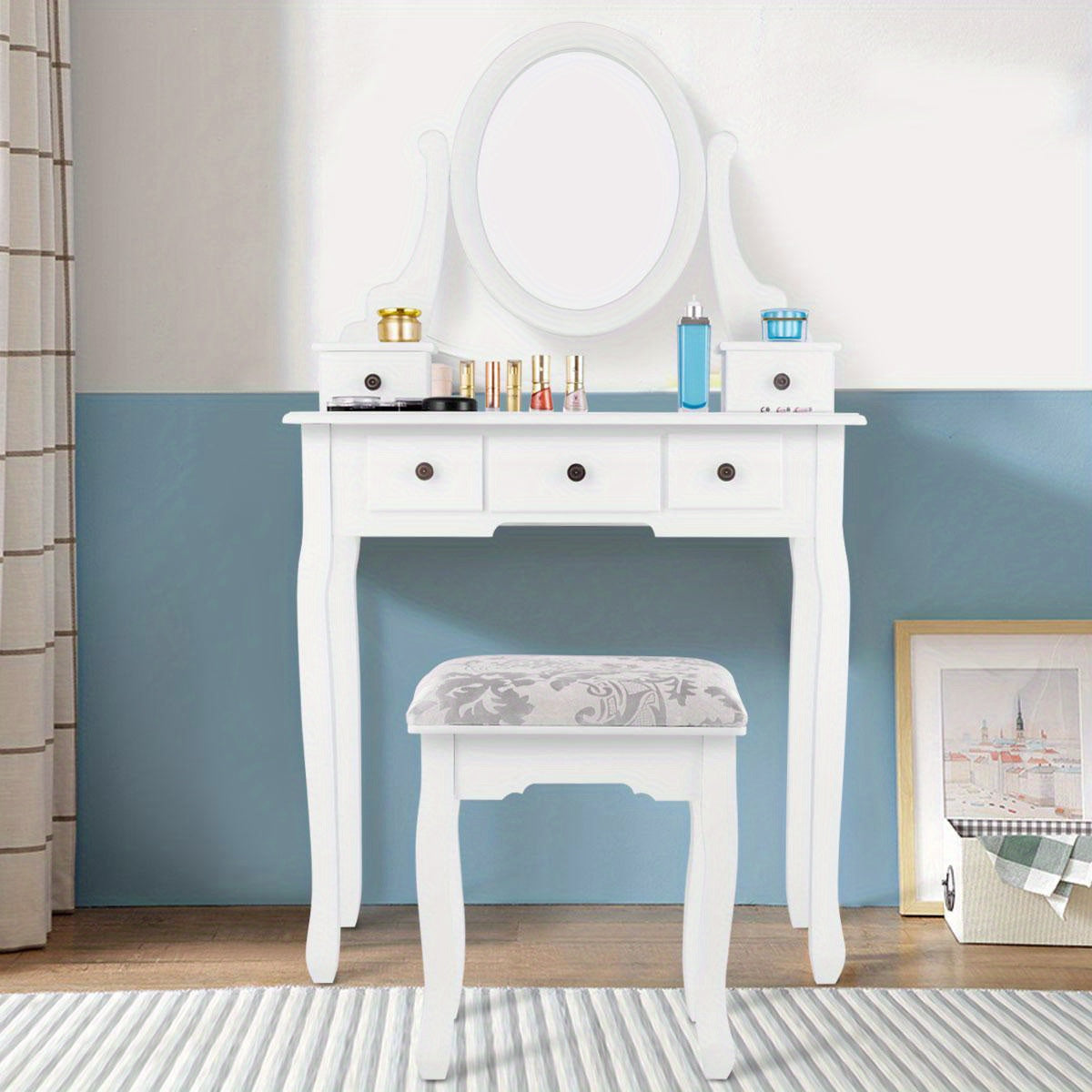 Kaptafel – Make-uptafel – Schminktafel – Beauty Tafel – Dressing Table – Draaibare Spiegel – 5 Laden – Gestoffeerde Kruk – Modern Design – Glas & Kunststof