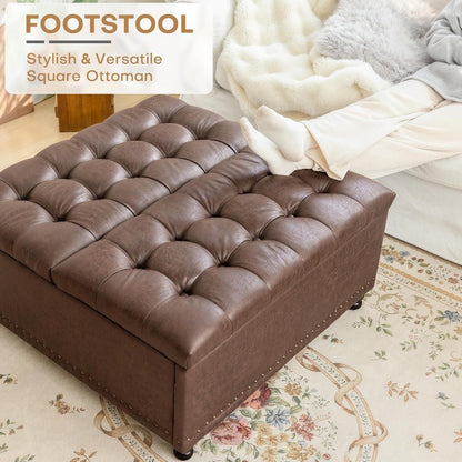 Poef – Ottoman – Zitzak – Voetenbank – Hocker – Grote Vierkante Opbergpoef – Donkerbruin Kunstleer – Lift-Top Met Opbergruimte