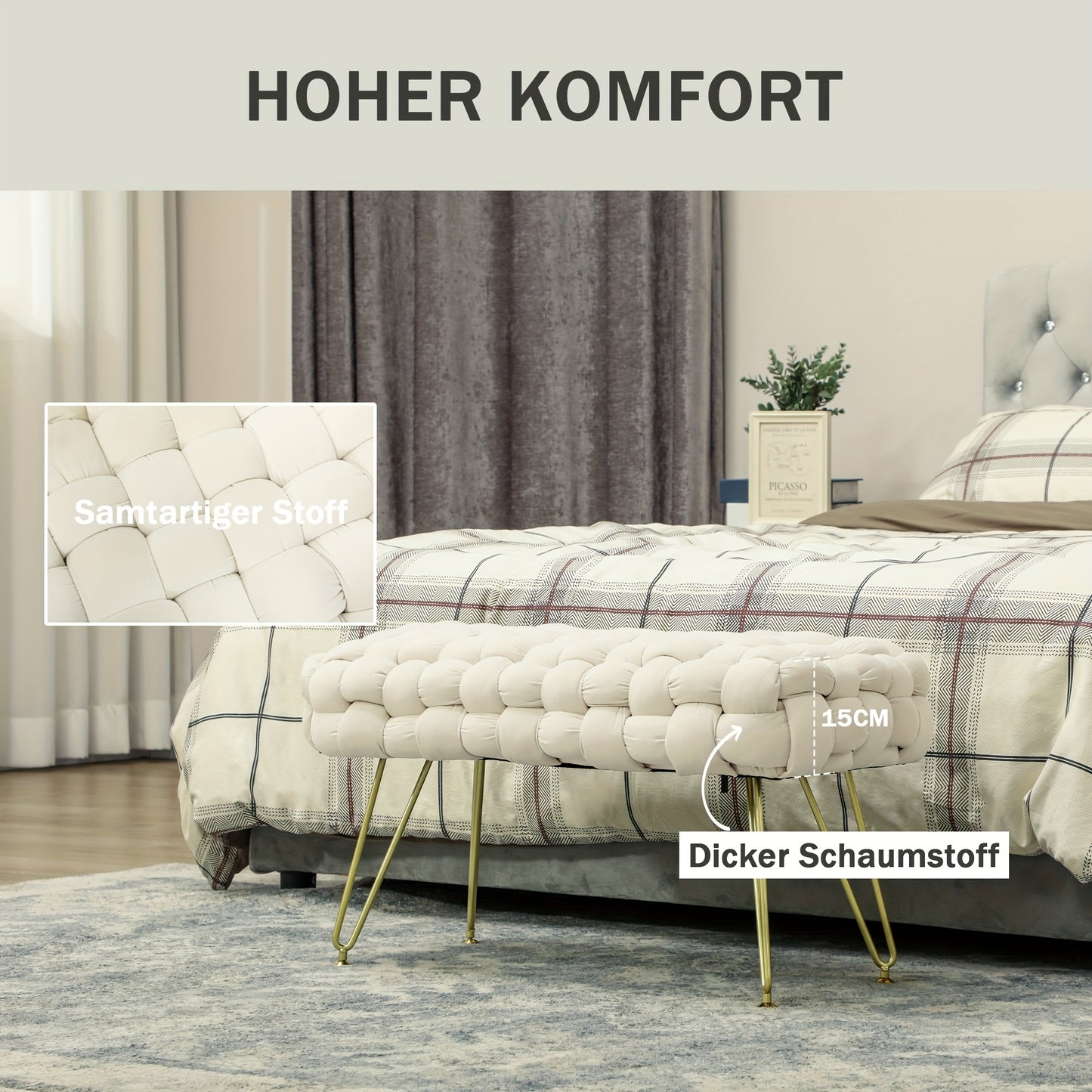 Schoenenbank – Schoenenrek – Halbank – Opbergbank – Zetbank – Velvet Bekleding – Metalen Poten – 76x38x41,5 cm – Crème Kleur