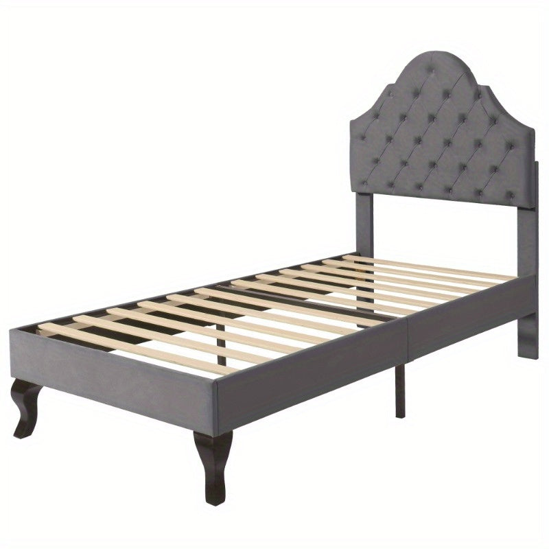 Grijs Fluwelen Bed – Eenpersoonsbed – 1-Persoonsbed – Bedframe – Slaapbed – Verstelbare Hoofdbord – Lattenbodem – 90x200 cm – Eenvoudige Montage