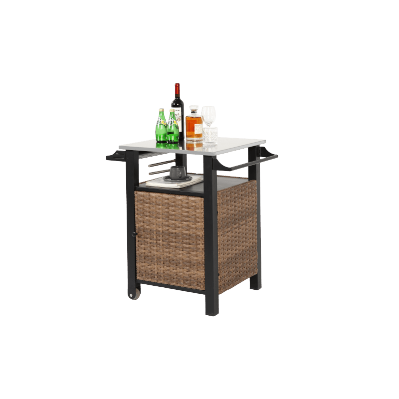 Serveerwagen – Mobiele Barwagen – Barkeep Trolley – Tuinwagen – Keukenwagen – Bruin Rattan Met Roestvrij Stalen Uitschuifbaar Werkblad – Weerbestendig Stalen Frame Met Wieltjes