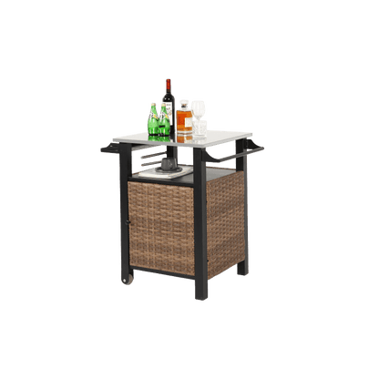 Serveerwagen – Mobiele Barwagen – Barkeep Trolley – Tuinwagen – Keukenwagen – Bruin Rattan Met Roestvrij Stalen Uitschuifbaar Werkblad – Weerbestendig Stalen Frame Met Wieltjes