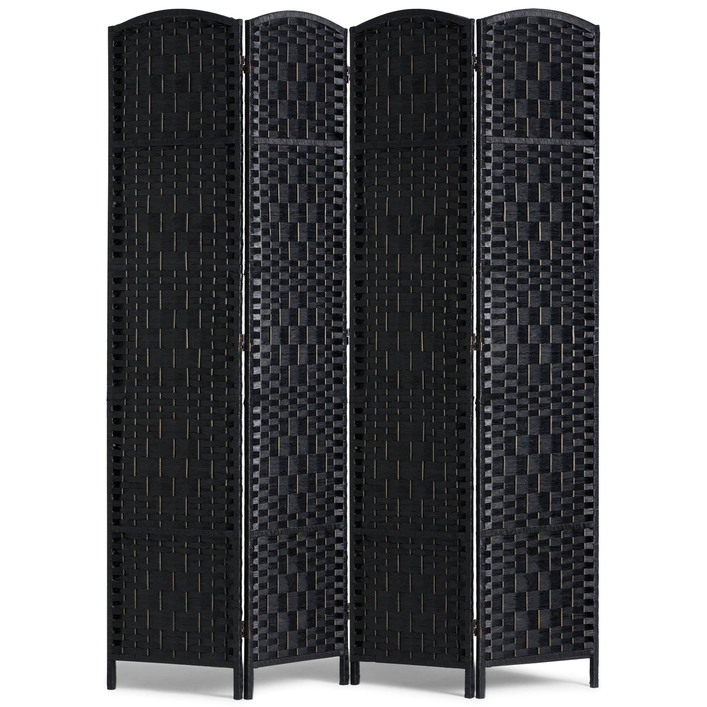 Kamerscherm – Room Divider – Scheidingswand – Paravent – Privacy Scherm – 4 Panelen – Handgeweven Rattan Papier – Paulownia Hout – 360° Draaibare Scharnieren – Zwart