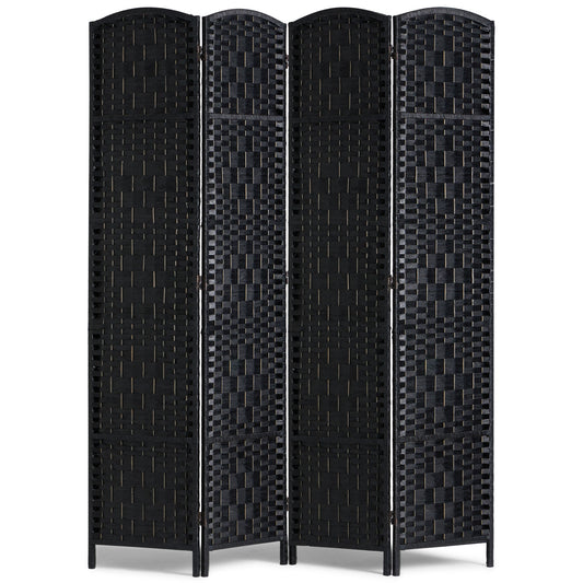 Kamerscherm – Room Divider – Scheidingswand – Paravent – Privacy Scherm – 4 Panelen – Handgeweven Rattan Papier – Paulownia Hout – 360° Draaibare Scharnieren – Zwart