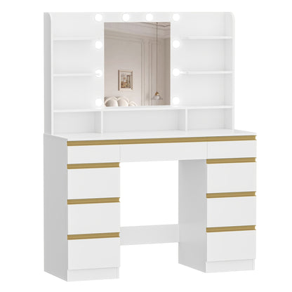 Kaptafel – Make-up Tafel – Schminktisch – Beauty Tafel – Vanity – Grote HD Spiegel – Verstelbare LED Verlichting – 1 Grote Lade & 8 Kleine Laden – 9 Open Schappen – Wit Goud Variant