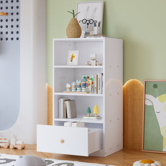 Boekenkast – Vakkenkast – Wandkast – Opbergkast – Ladekast – MDF Wit met Houten Accenten – 3 Planken en 1 Lade – Stille Geleiders