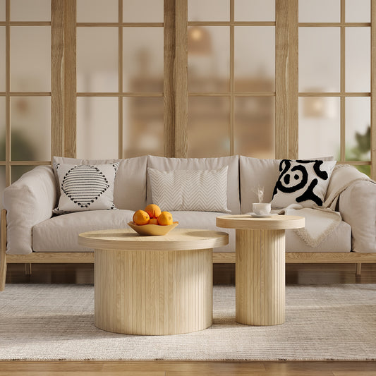 Salontafel – Dubbele Tafel – Ronde Koffietafel – Bijzettafel – Woonkamertafel – Natuurlijk Hout – Met Houten Lamellen – Multifunctioneel