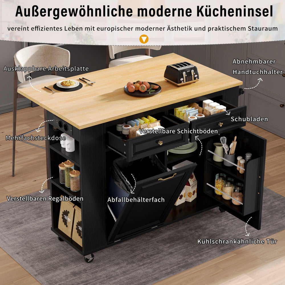 Keukentrolley – Keukeneiland – Keukenkast – Serveerwagen – Trolley Op Wielen – Uitschuifbare Tafel – Zwart Kastje Met Wit Werkblad