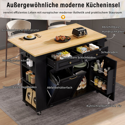 Keukentrolley – Keukeneiland – Keukenkast – Serveerwagen – Trolley Op Wielen – Uitschuifbare Tafel – Zwart Kastje Met Wit Werkblad