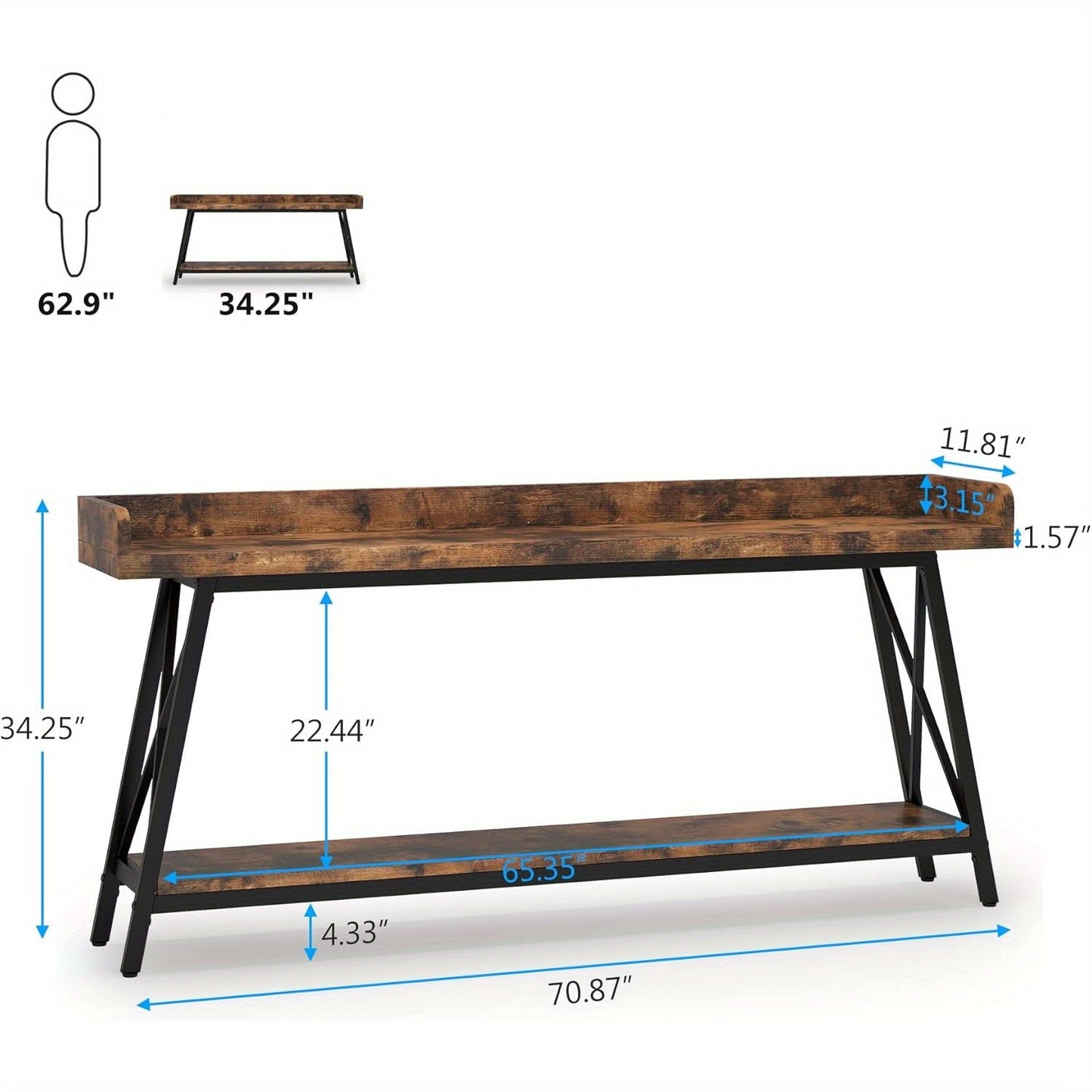 Sidetable – Consoletafel – Wandtafel – Haltafel – Bijzettafel – Extra Lang 178 cm – Industrieel Rustiek Bruin – Stevig MDF – Inclusief Krukken