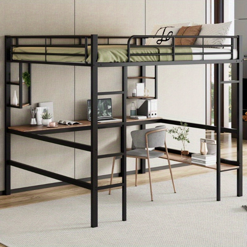 Hoogslaper – Metalen Bed – Stapelbed – Loftbed – Werkplek Bed – Ingebouwd Bureau – Opbergrekken – Stevige IJzeren Constructie – Ruimtebesparend Ontwerp
