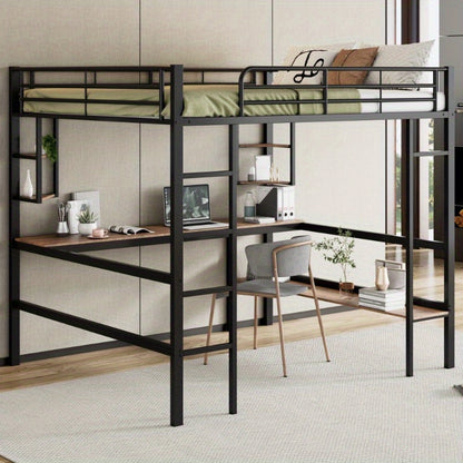 Hoogslaper – Metalen Bed – Stapelbed – Loftbed – Werkplek Bed – Ingebouwd Bureau – Opbergrekken – Stevige IJzeren Constructie – Ruimtebesparend Ontwerp