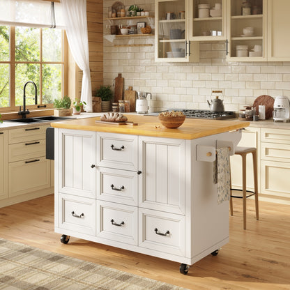 White Modern Mobile Kitchen Island Cabinet with Adjustable Shelves, Double Doors & 5 Drawers - Heavy-Duty Metal Construction, Pull-Out Kitchen Cart with Towel Rack & Spice Rack, Rolling Storage Cabinet with Black Legs, Space-