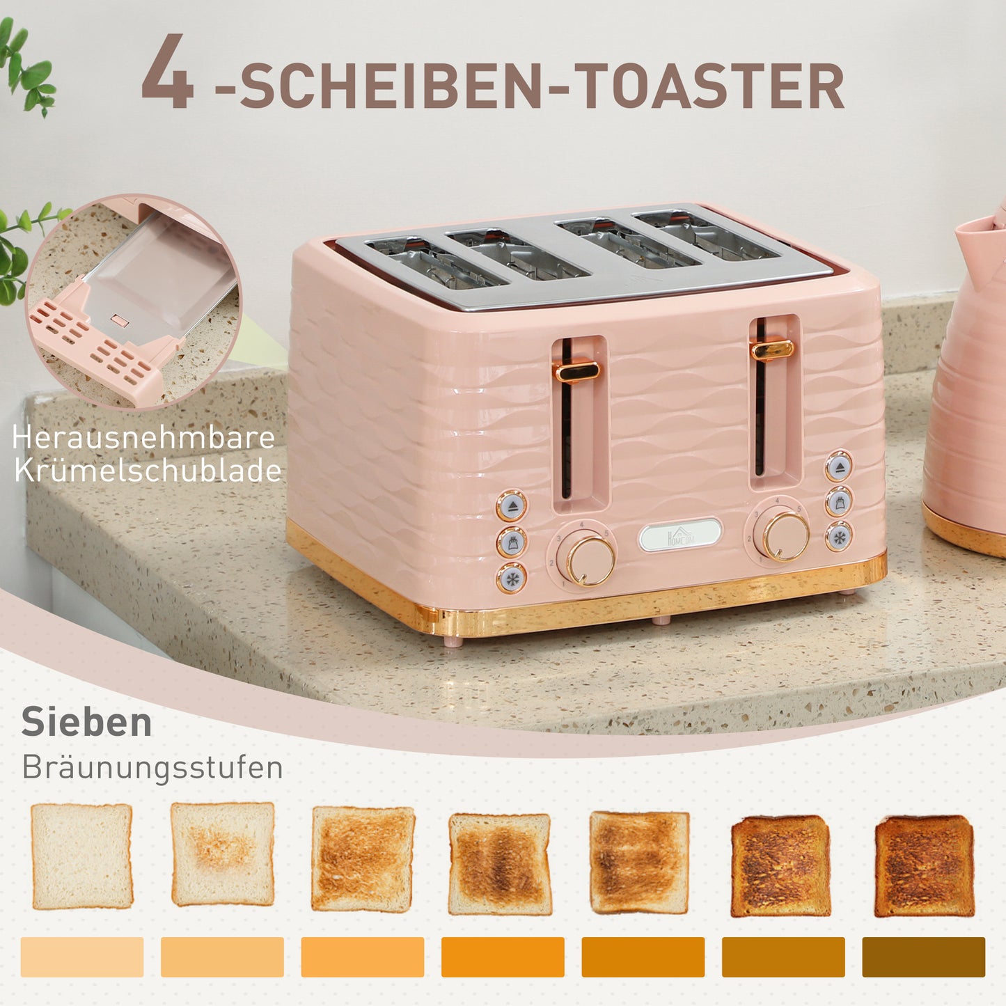 Ontbijtpakket Waterkoker – Broodrooster – Toaster – Kettle – 2-in-1 Set – Roze – 7 Bruiningsstanden – Ontdooien en Opwarmen