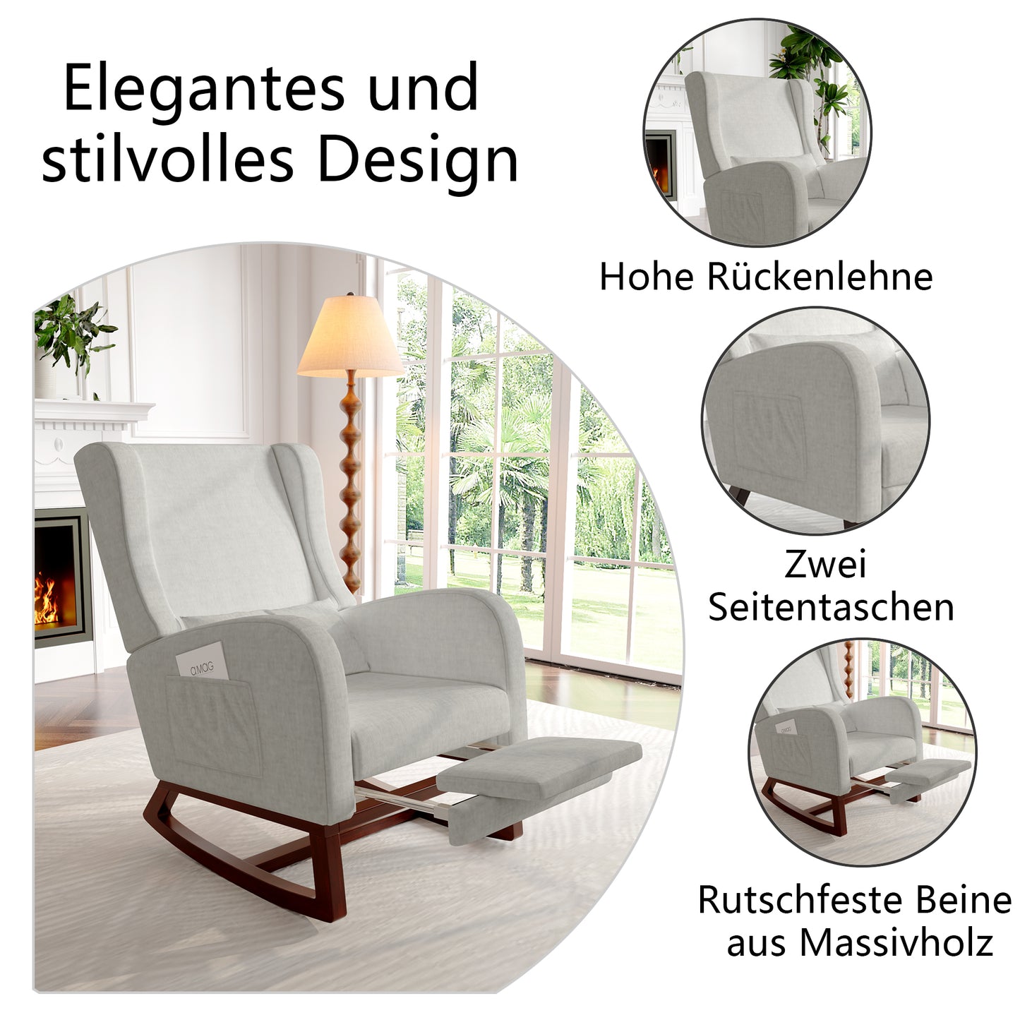 Schommelstoel – Relaxstoel – Lounge Stoel – Leunstoel – Voetenbank – Hoogte Rugleuning – Massief Houten Onderstel – Zijzakken – Verlengbare Voetensteun – Grijs