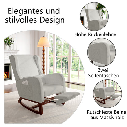 Schommelstoel – Relaxstoel – Lounge Stoel – Leunstoel – Voetenbank – Hoogte Rugleuning – Massief Houten Onderstel – Zijzakken – Verlengbare Voetensteun – Grijs