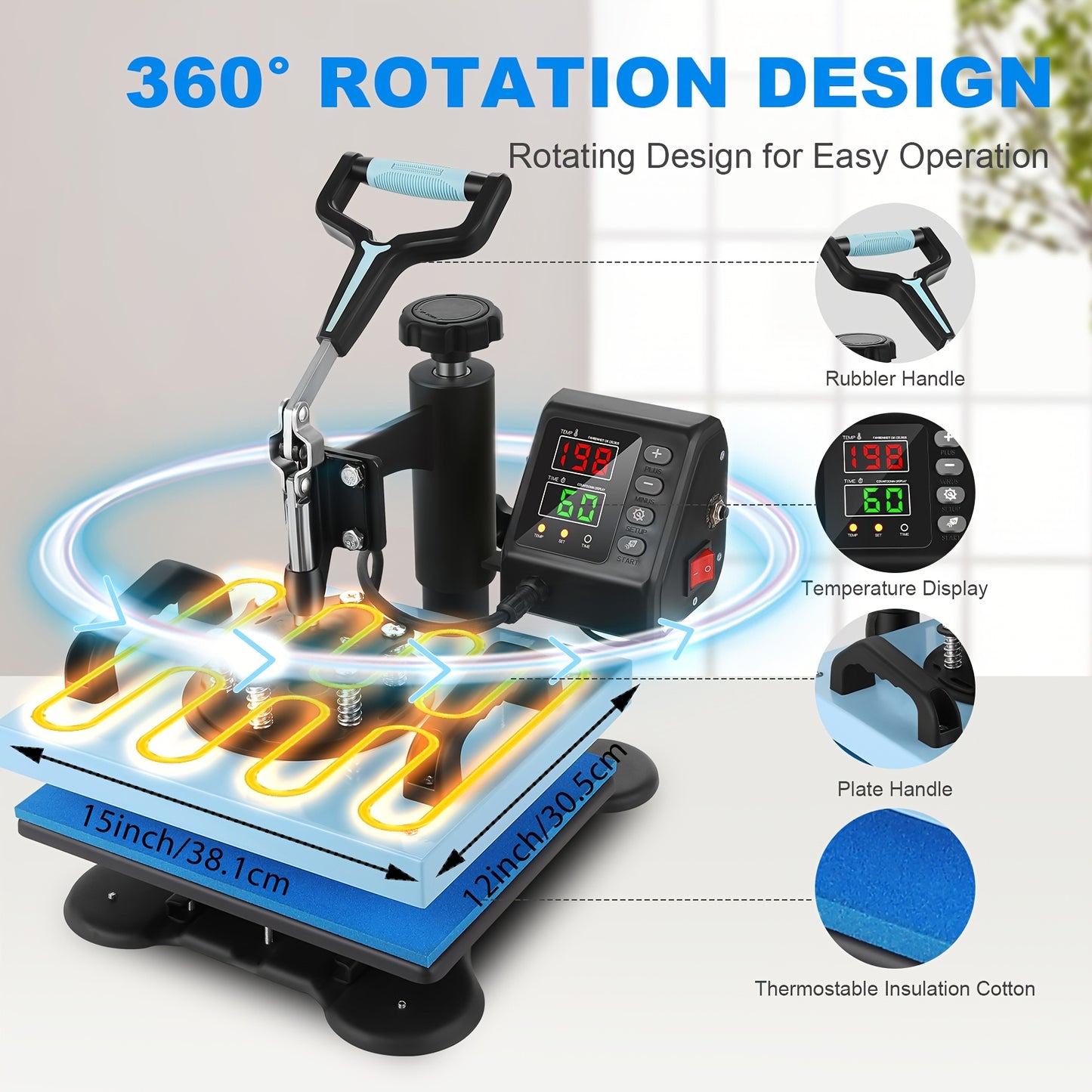 Heatpressmachine – Hittepers – Transferpers – Warmtepers – Drukpers – 30,48x25,4 cm Werkoppervlak – 360° Draaibare Swing-Away Arm – Snelle Opwarming – Digitale Temperatuurregeling tot 185°C