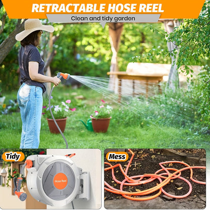 Tuinslanghaspel – Slanghaspel – Wandslangenbox – Slangenhouder – Slangopberger – Automatisch Oprolsysteem – 180° Draaibare Muurbeugel – 20 Meter – 9-in-1 Verstuiver