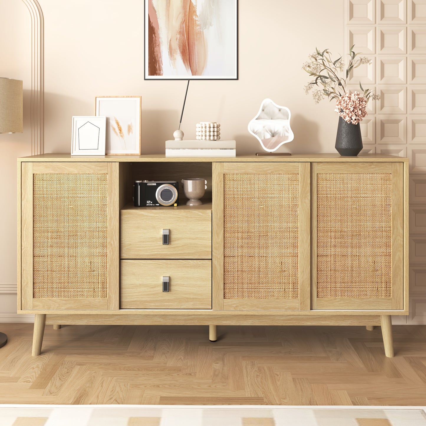 Bamboekast – Opbergkast – Ladekast – Kast – Boekenkast – Vloerstaande Kast – 3 Schuifdeuren – 2 Lades – Duurzaam Bamboe – Ruime Opbergruimte 155x38x80 cm