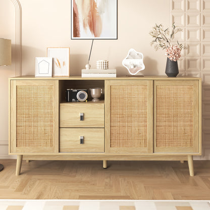 Bamboekast – Opbergkast – Ladekast – Kast – Boekenkast – Vloerstaande Kast – 3 Schuifdeuren – 2 Lades – Duurzaam Bamboe – Ruime Opbergruimte 155x38x80 cm